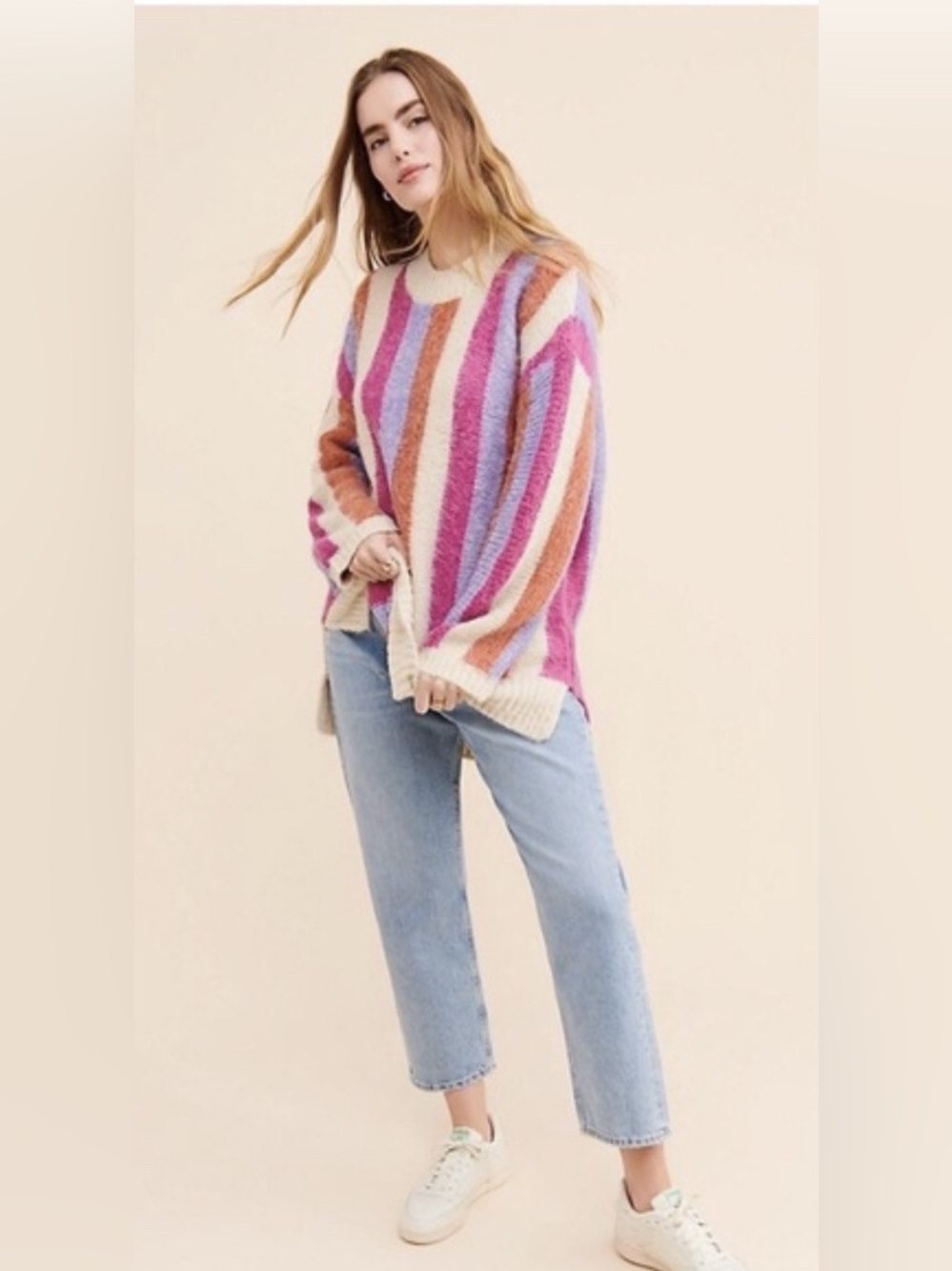 Moon River • Anthropologie • Striped Hi Low Fuzzy Sweater